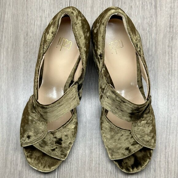 CAbi Sandals Womens 7 Interlock Block Heel Crushed Velvet Open Toe Moss Green - Picture 6 of 13